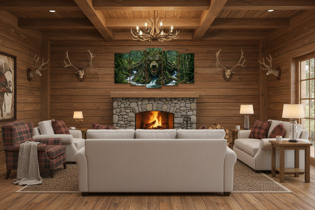 A 5-panel canvas wall art set depicting a giant snarling wolf emerging from a dense green forest with waterfalls.