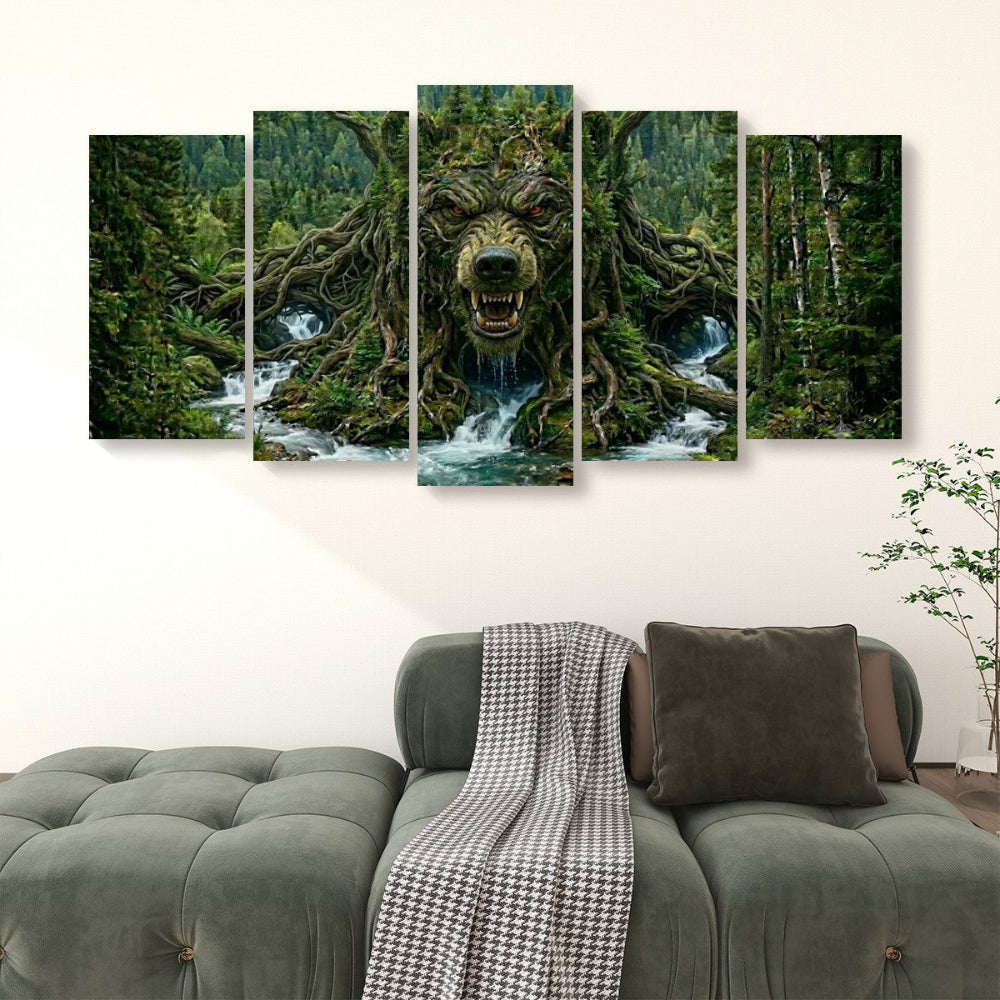 A 5-panel canvas wall art set depicting a giant snarling wolf emerging from a dense green forest with waterfalls, displayed above a green sofa in a living room setting.