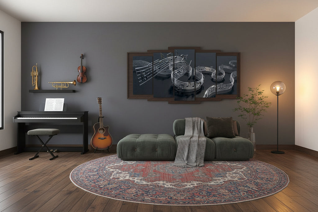 A 5-panel canvas wall art set depicting metallic silver musical staves and notes on a dark reflective background, 