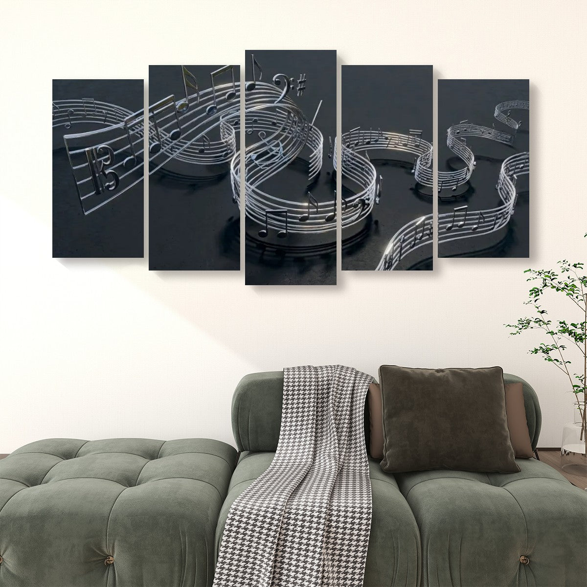 Chrome Musical Notes & Ribbon Split Canvas Panel Wall Art Decor