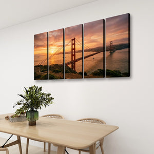 Golden Gate at Golden Hour – 5-Panel Canvas Wall Art