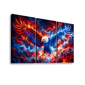 Three-panel canvas wall art showing a dramatic eagle with wings rendered in fiery red and blue flames against a dark cosmic background, displayed on a white wall.