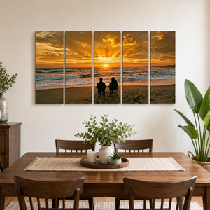 Sunset Surf Couple on the Beach Canvas Wall Art – Romantic Coastal Scene | 5-Panel Level Print
