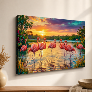 A rectangular canvas wall art print hanging on a beige wall above a wooden console table. The artwork depicts a sunset scene with several pink flamingos standing in reflective water, framed by green foliage and warm orange, yellow, and purple sky tones.