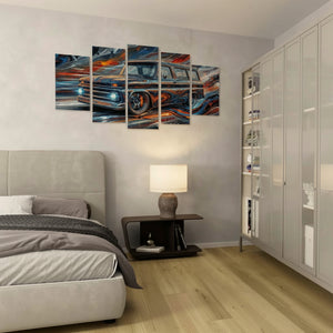 Modern bedroom with abstract 1966 Chevy Suburban Carryall painting on the wall