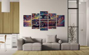 Colorful abstract wall art above a gray sofa in a modern living room. 1966 Chevy C10 Fleetside