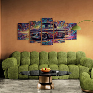 Living room with a green sofa, round coffee table, and abstract 1966 Chevy C10 Fleetside  truck painting on the wall.