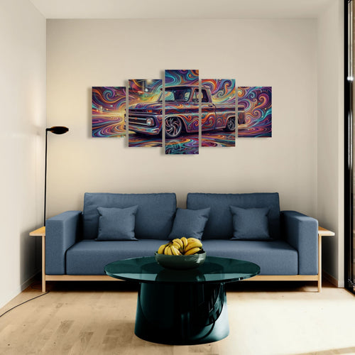 Modern living room with a blue sofa, green coffee table, and colorful abstract painting of a 1966 Chevy C10 Fleetside truck.