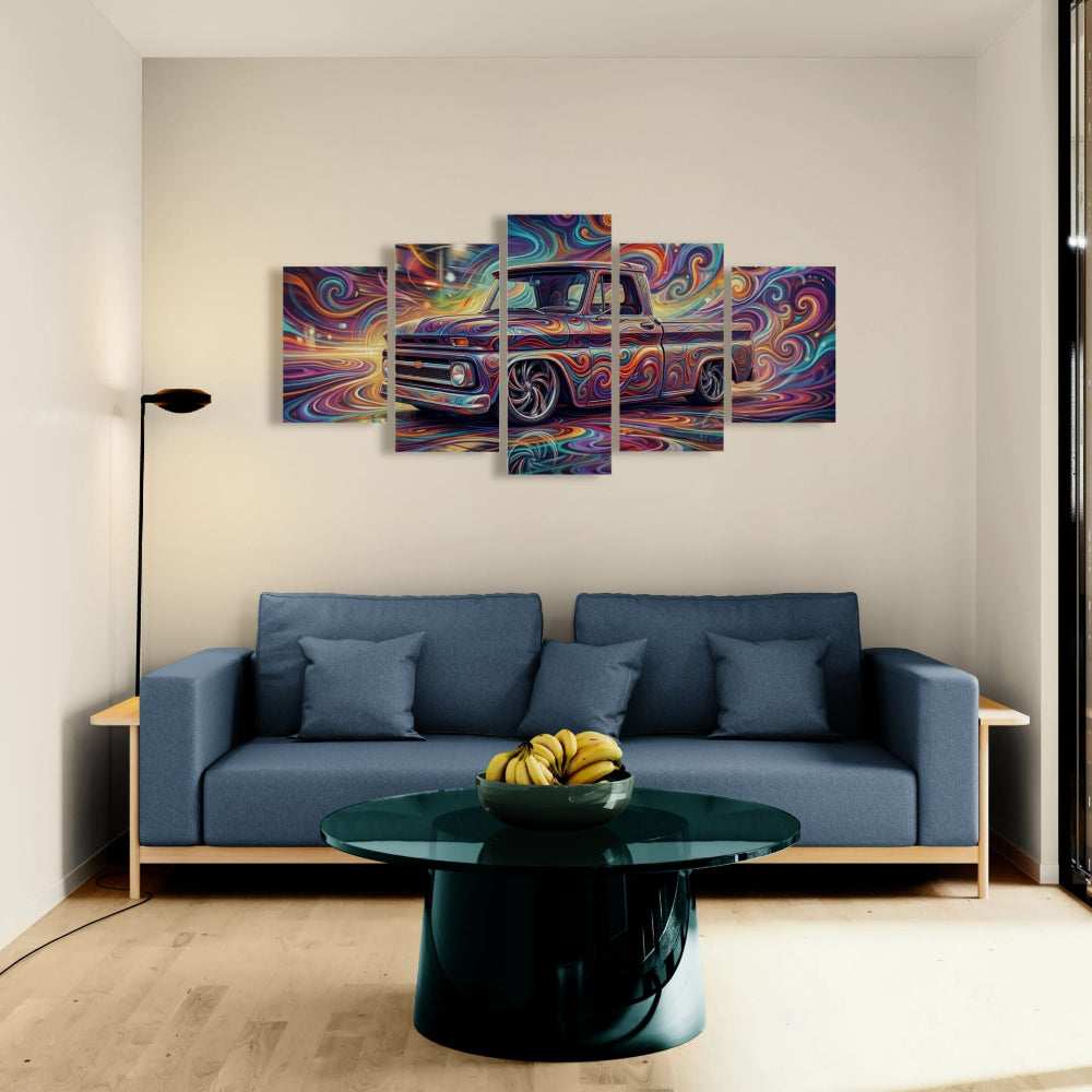 Modern living room with a blue sofa, green coffee table, and colorful abstract painting of a 1966 Chevy C10 Fleetside truck.