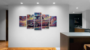 Colorful abstract painting of a classic 1966 Chevy C10 Fleetside on a wall in a modern kitchen.