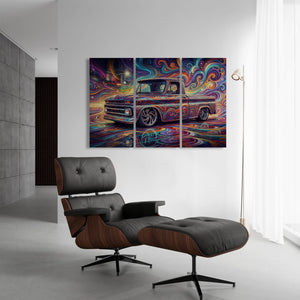 Modern interior with a gray chair and colorful abstract painting of a 1966 Chevy C10 Fleetside truck on a white wall.