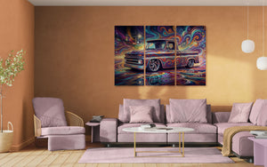 Living room with a large abstract painting of a 1966 Chevy C10 Fleetside truck on the wall.