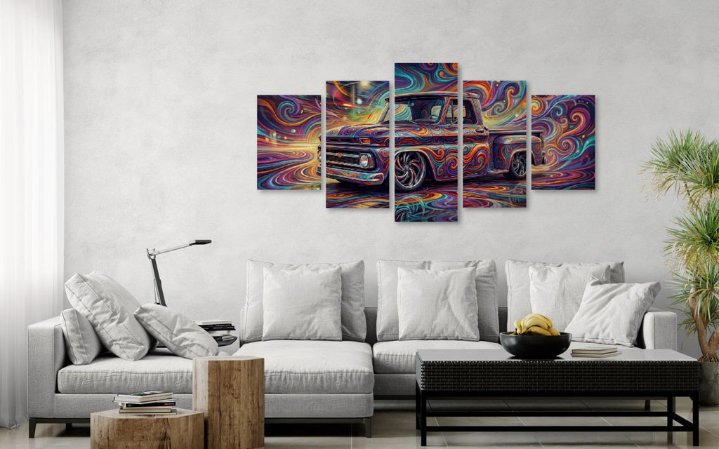 Colorful abstract painting on a wall above a white sofa in a living room. 1966 Chevy C10 Stepside