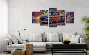 Colorful abstract painting on a wall above a white sofa in a living room. 1966 Chevy C10 Stepside