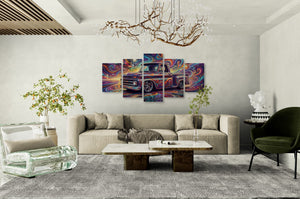 Modern living room with a gray sofa, colorful abstract art, and decorative elements. 1966 Chevy C10 Stepside