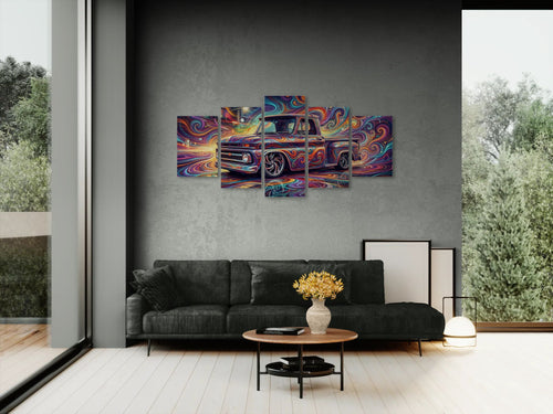 Colorful abstract wall art above a dark gray sofa in a modern living room.