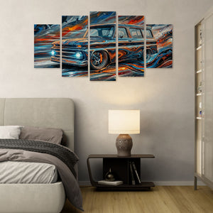 Bedroom with abstract 1966 Chevy Suburban Carryall  painting on the wall
