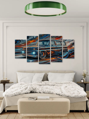 Bedroom with a large abstract 1966 Chevy Suburban Carryall painting of a car on the wall above a bed.
