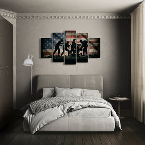 Bedroom with a large wall art piece featuring silhouettes and an American flag.
