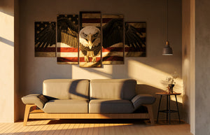 Living room with a gray sofa and wall art featuring an owl and American flag.