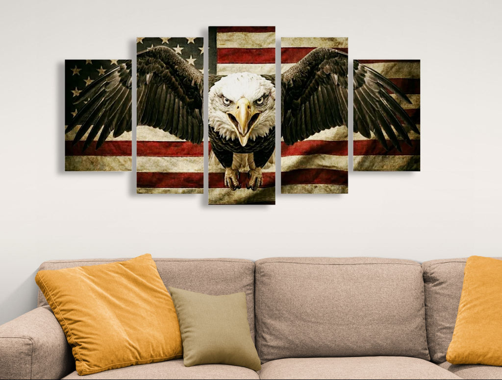 Five-panel wall art of an eagle with an American flag design above a sofa.