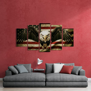 Five-panel wall art of an eagle with an American flag design on a red wall above a gray sofa.