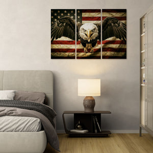 Triptych wall art of an eagle on an American flag in a bedroom setting.
