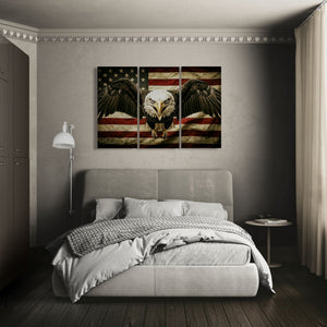 Bedroom with a large painting of an eagle on an American flag above the bed.