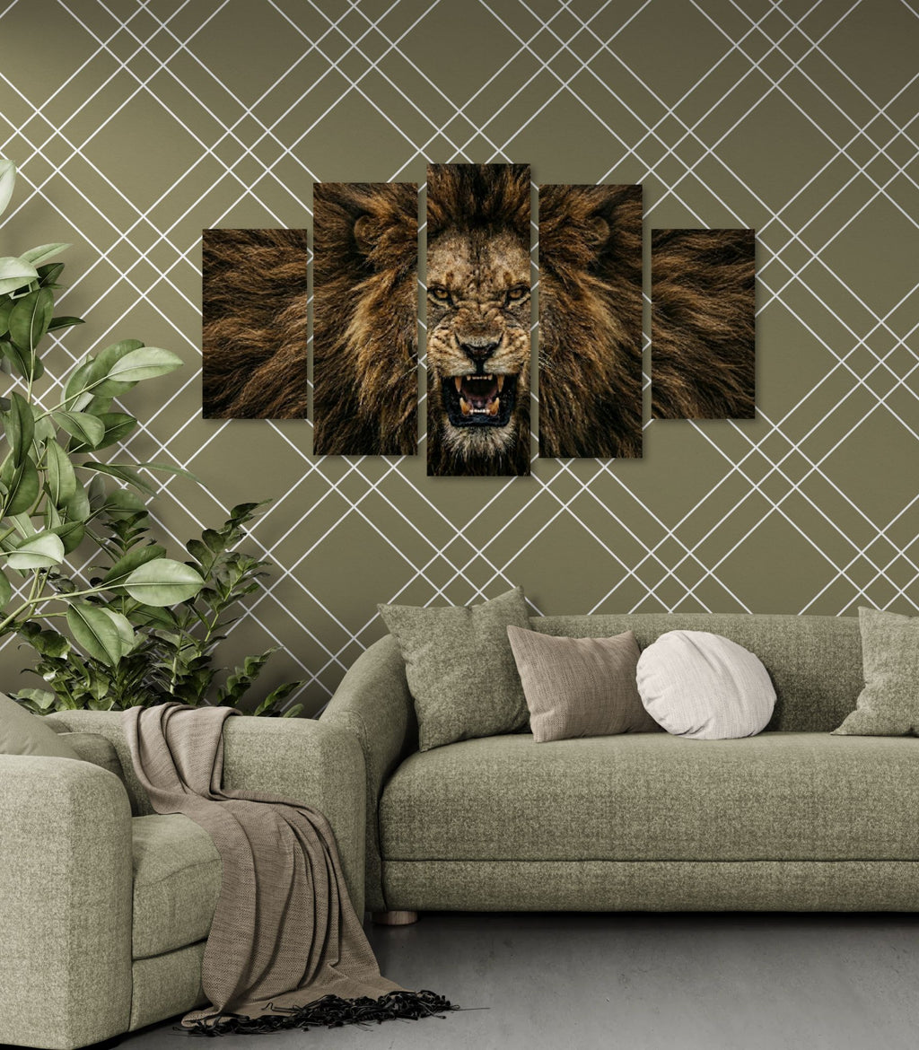Five-panel wall art of a roaring lion on a green wall above a sofa.