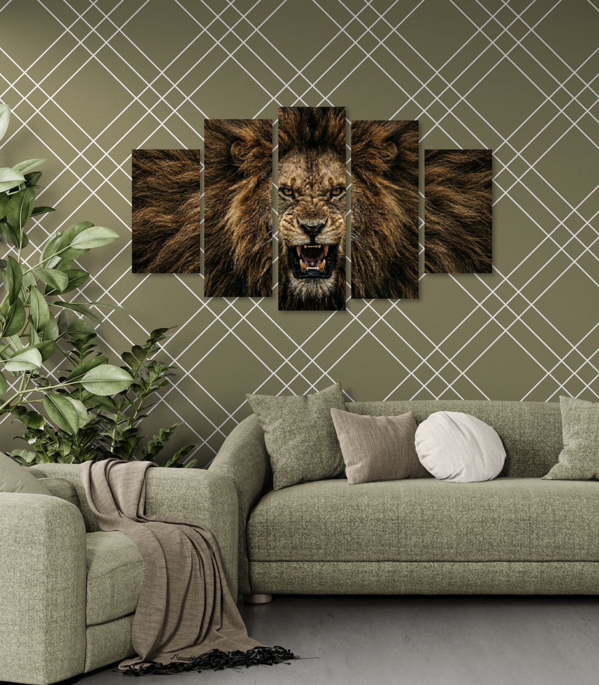 Five-panel wall art of a roaring lion on a green wall above a sofa.