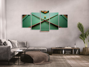 Five-panel wall art of a pool table scene in a living room setting.