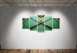 Five-panel wall art of a pool table scene on a white wall.