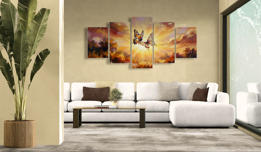 Living room with a white sofa, decorative pillows, and wall art depicting a butterfly over a sunset.