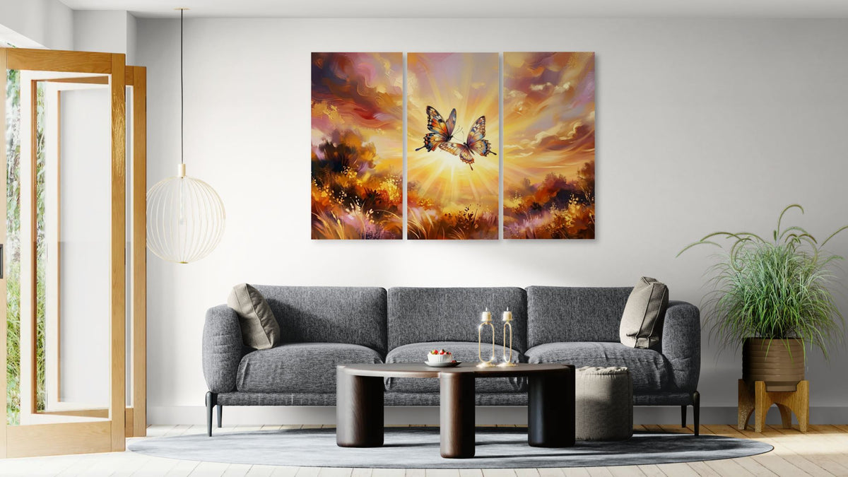 Golden Hour Butterflies Canvas Wall Art – Warm & Ethereal Abstract Print | 1, 3 & 5 Panel