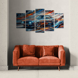 Five-panel wall art of a 1969 Camaro car on a gray wall above a red sofa.