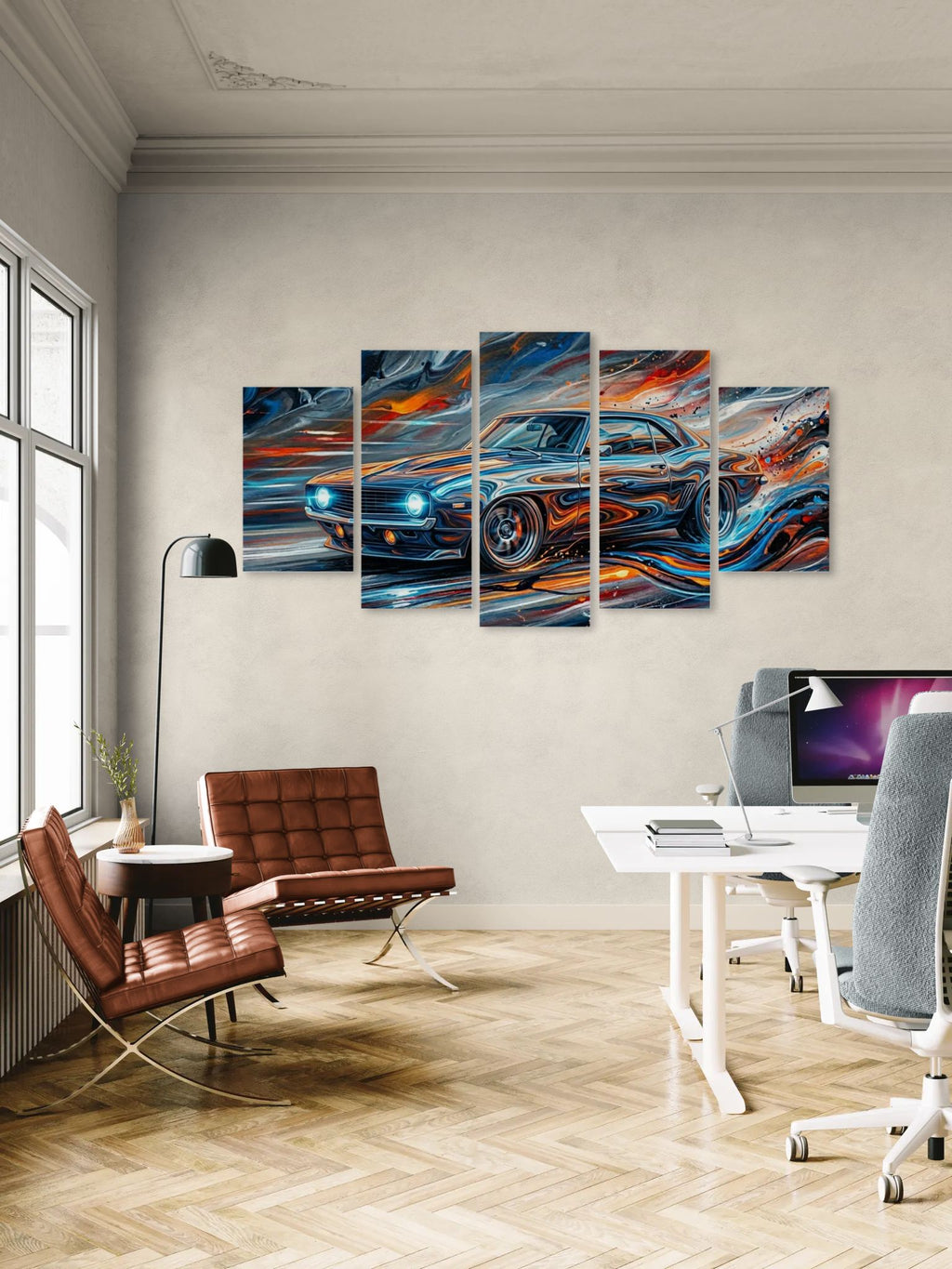Modern office with a large abstract painting of a 1969 Chevy Camaro on the wall.