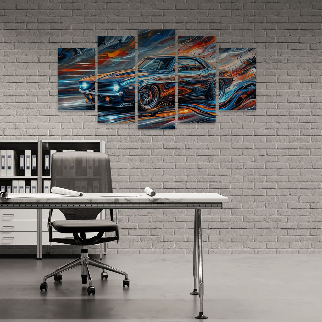 Modern office with a large abstract painting of a 1969 Chevy Camaro on a brick wall.
