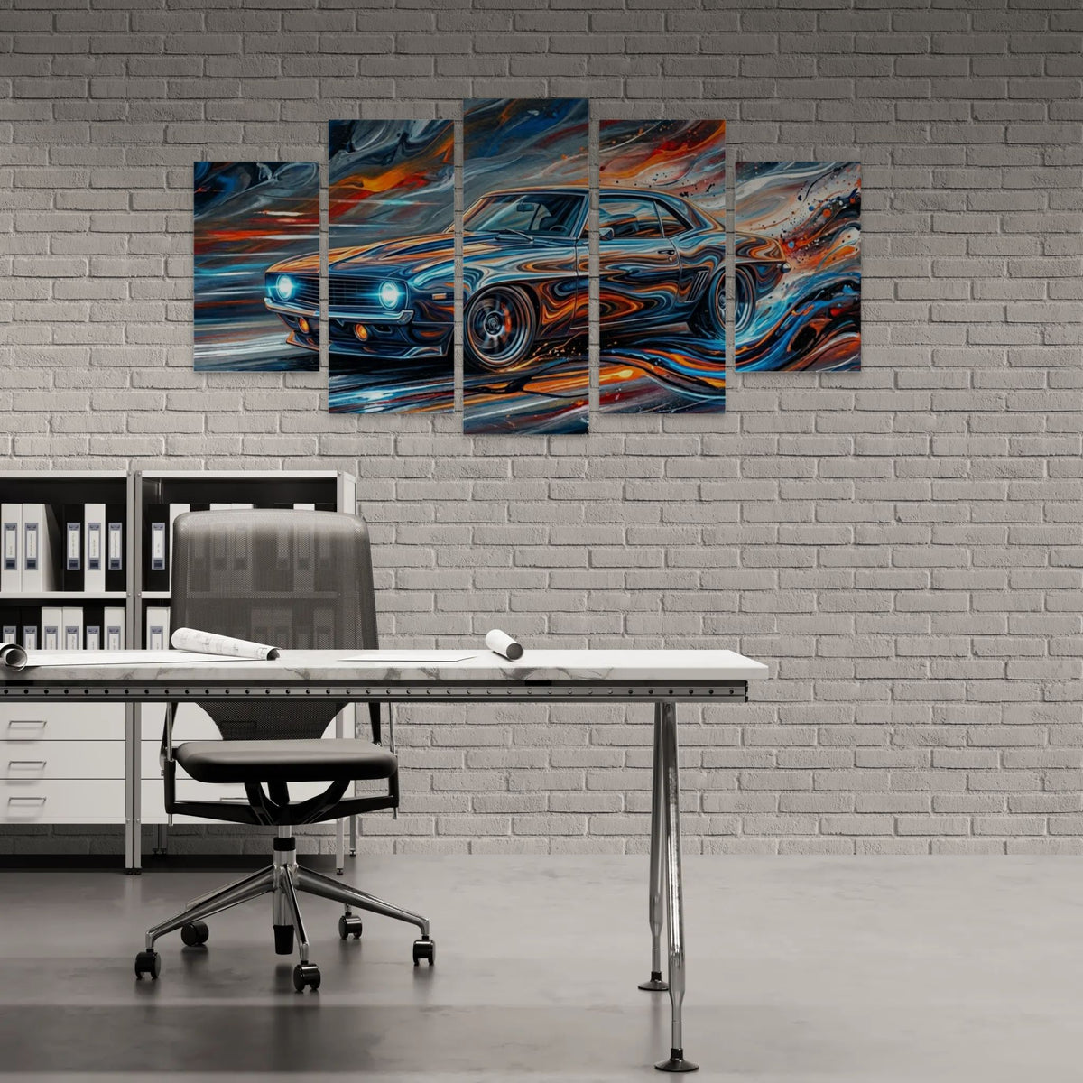 Modern office with a large abstract painting of a 1969 Chevy Camaro on a brick wall.