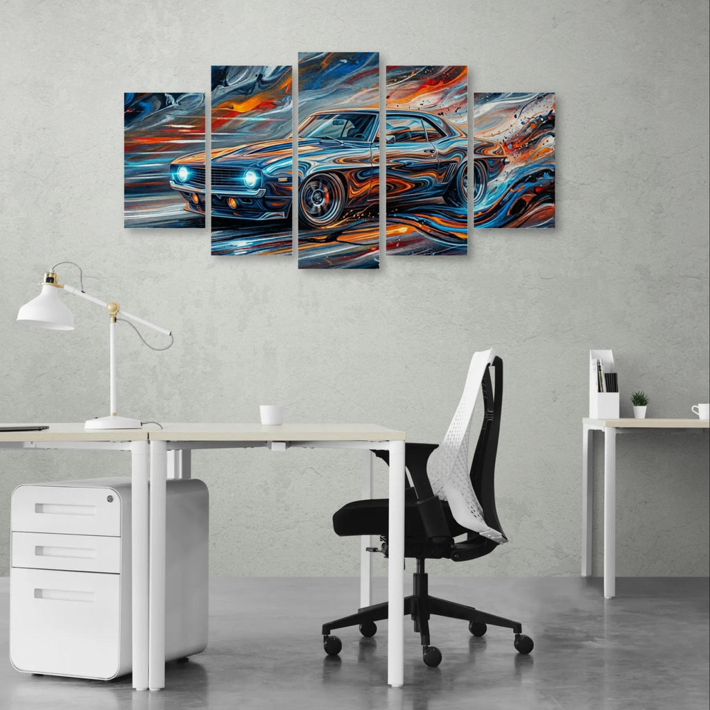 Five-panel wall art of a 1969 Chevy Camaro on a gray wall above a desk.