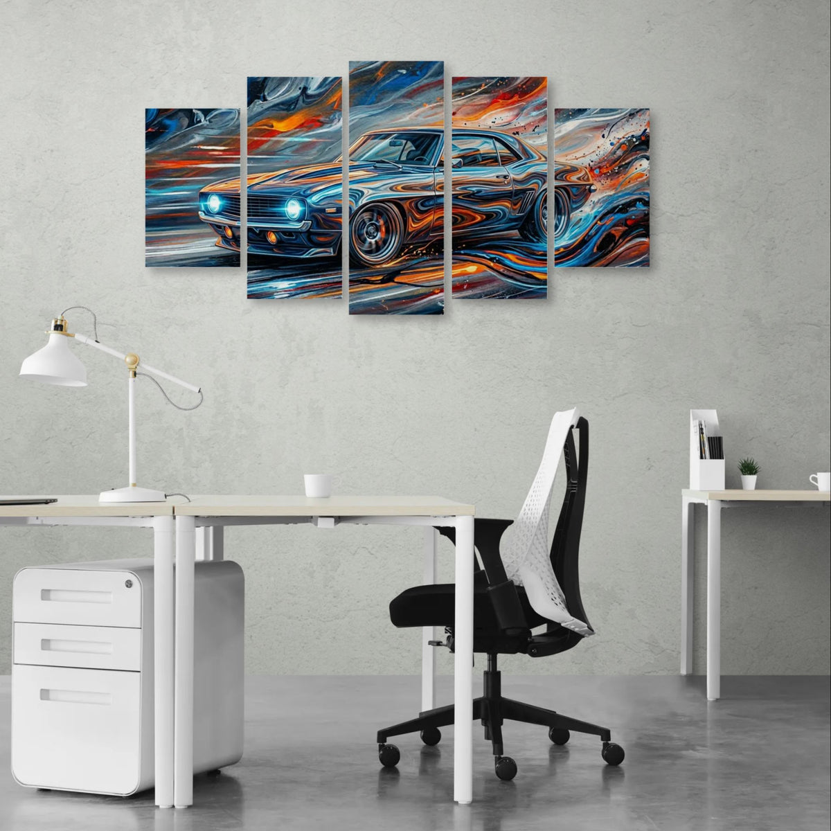 Five-panel wall art of a 1969 Chevy Camaro on a gray wall above a desk.