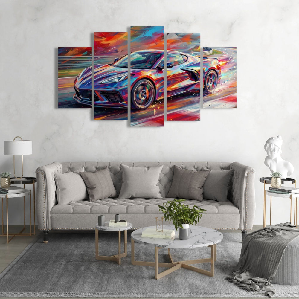 Colorful abstract Corvette painting on a wall above a gray sofa in a living room.