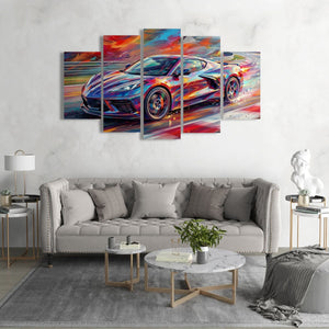 Colorful abstract Corvette painting on a wall above a gray sofa in a living room.