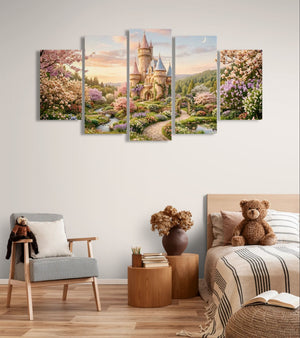 Five-panel canvas wall art of a castle in a garden in a bedroom setting.
