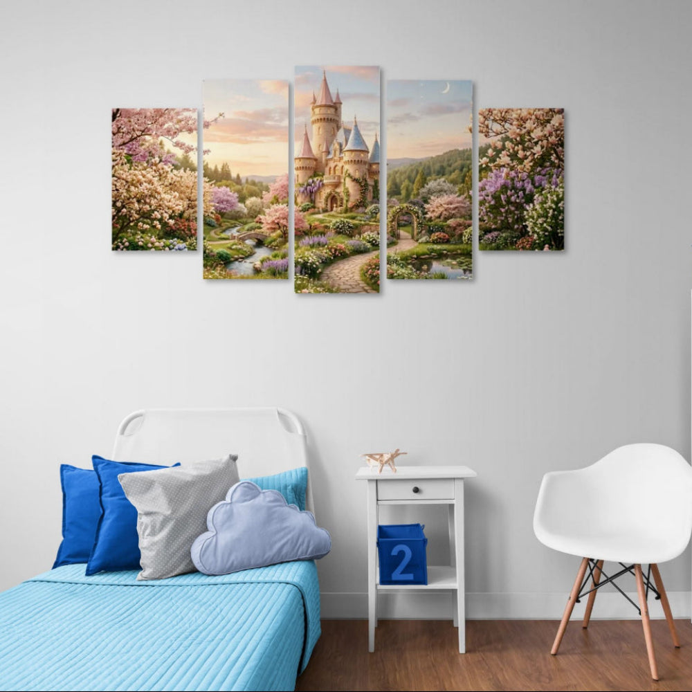 Bedroom with a large wall art piece depicting a castle and garden scene.