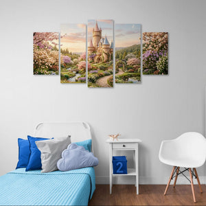 Bedroom with a large wall art piece depicting a castle and garden scene.
