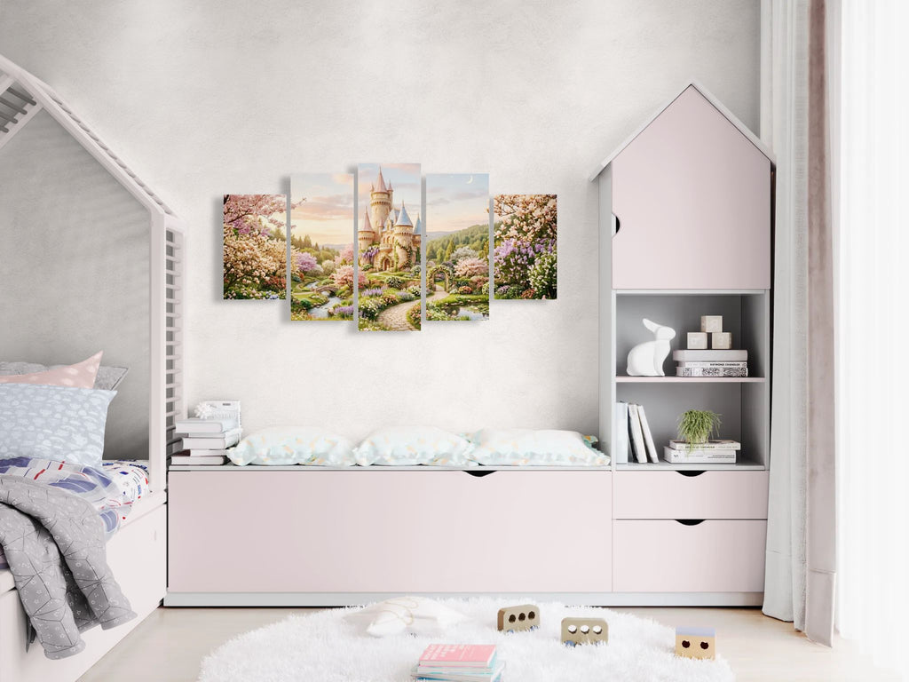 Children's bedroom with a bed, shelves, and wall art depicting a castle and nature.