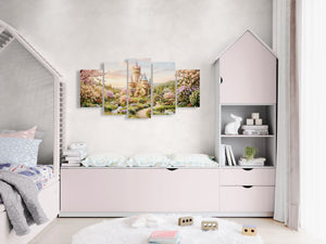 Children's bedroom with a bed, shelves, and wall art depicting a castle and nature.