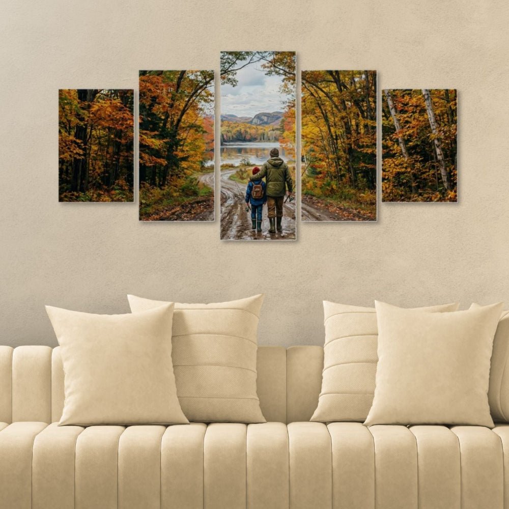 Five framed pictures of a man and woman walking in a forest on a beige wall above a beige sofa.
