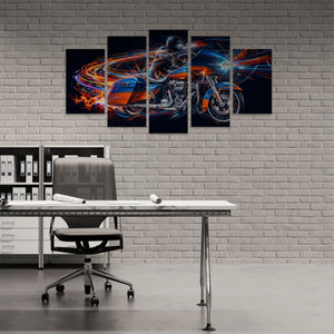 Five-panel canvas wall art of a Road Glide type motorcycle on a gray brick wall above a desk.