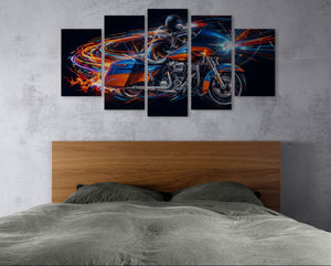 Five-panel wall art of a Road Glide type motorcycle on a gray wall above a bed.